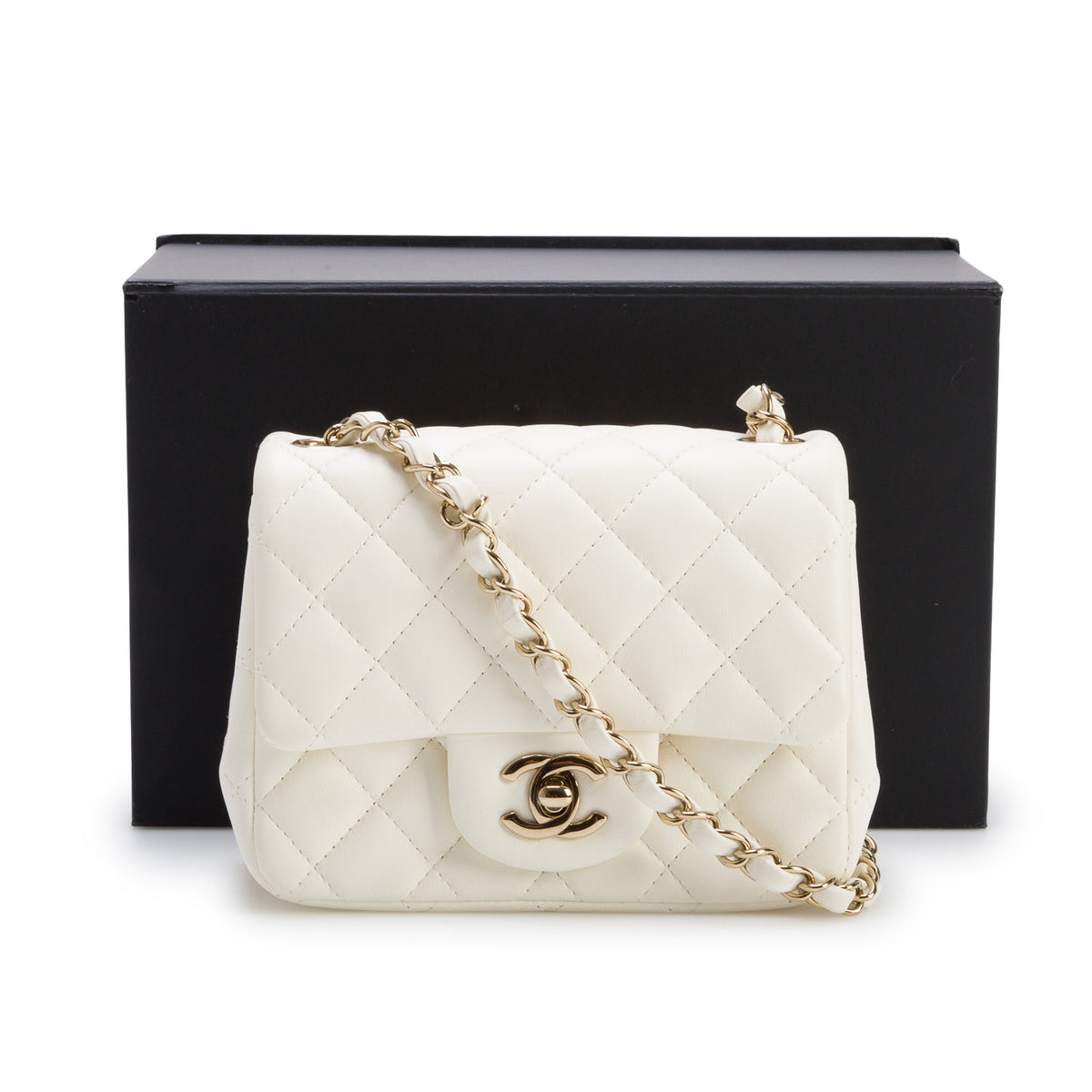 Chanel White Quilted Lambskin Leather Classic Square Mini Flap Bag w/ Box