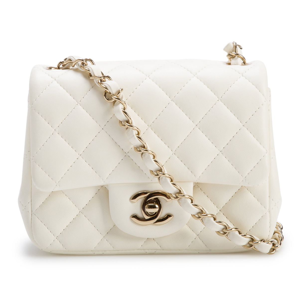 Chanel White Quilted Lambskin Leather Classic Square Mini Flap Bag w/ Box