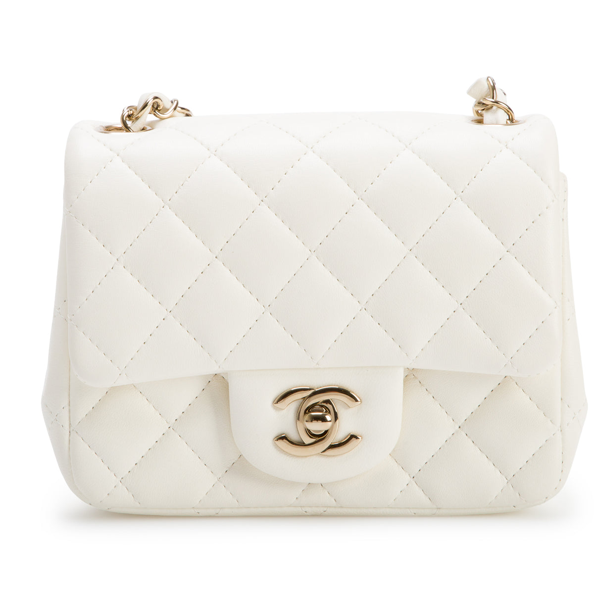 Chanel White Quilted Lambskin Leather Classic Square Mini Flap Bag w/ Box