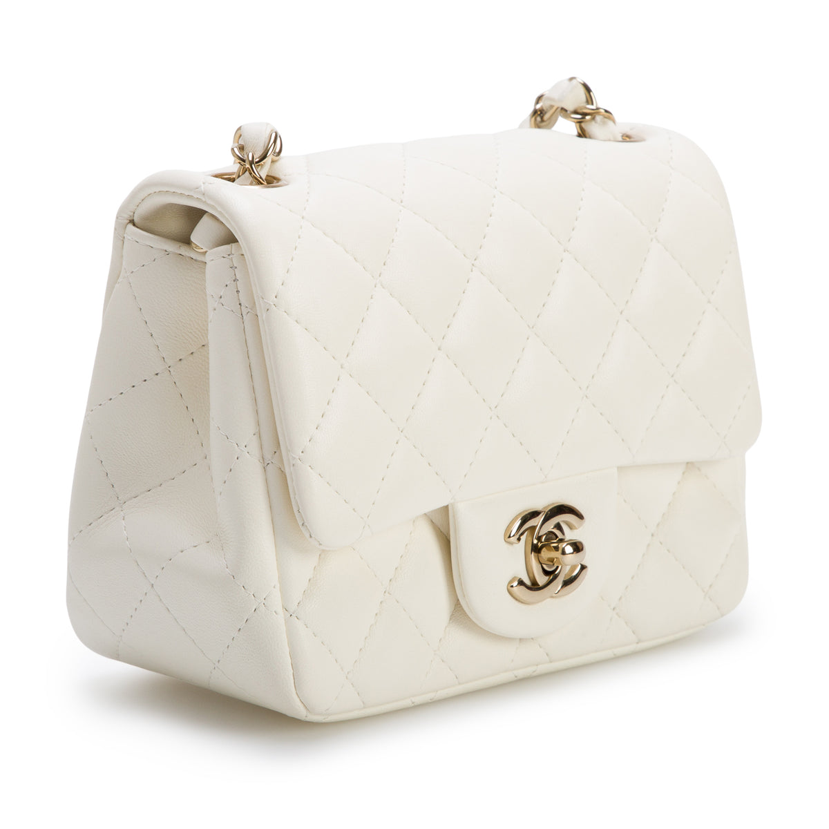 Chanel White Quilted Lambskin Leather Classic Square Mini Flap Bag w/ Box