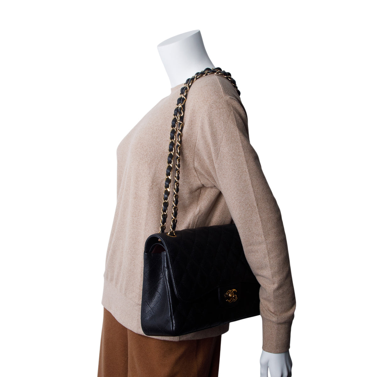 Chanel Black Caviar Quilted Leather Classic Jumbo Double Flap Bag w/ Authenticity Card