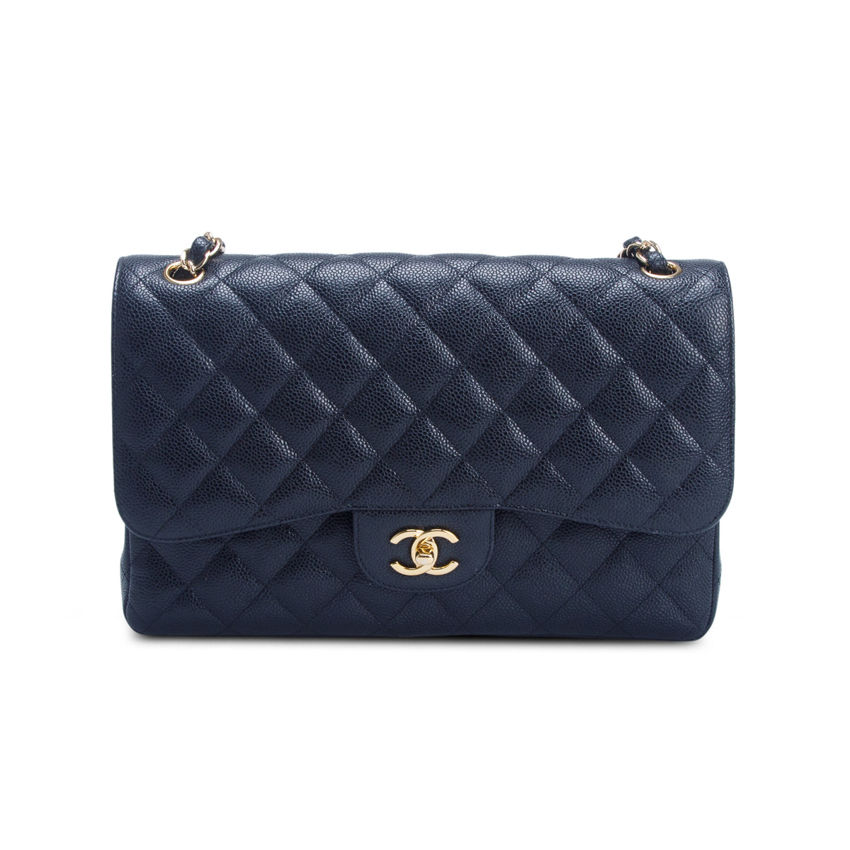 Chanel Black Caviar Quilted Leather Classic Jumbo Double Flap Bag w/ Authenticity Card