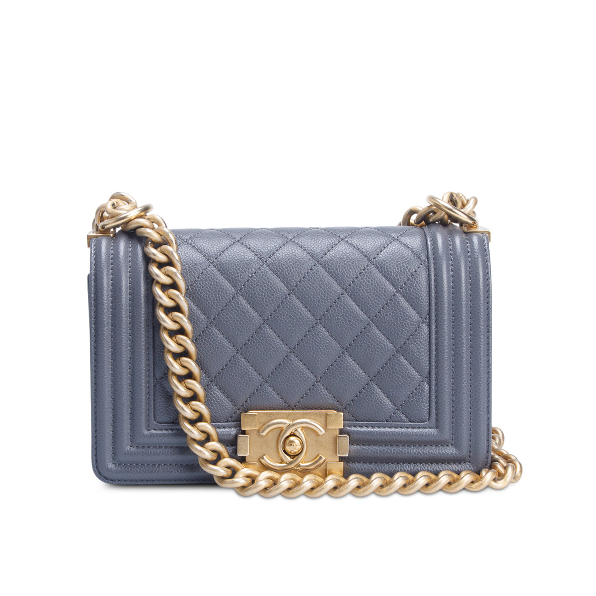 Chanel Grey Caviar Quilted Leather Small Boy Bag w/ Box