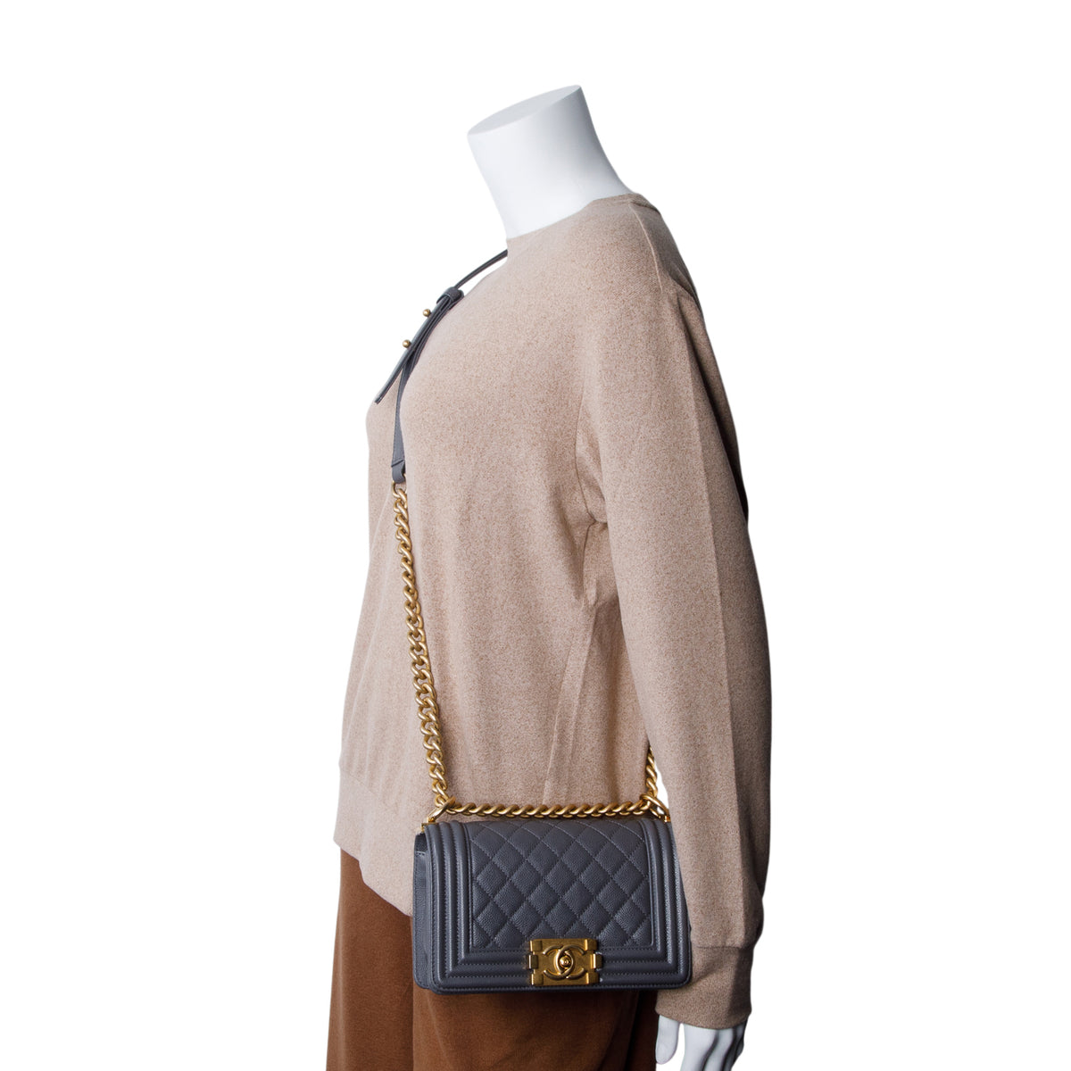 Chanel Grey Caviar Quilted Leather Small Boy Bag w/ Box