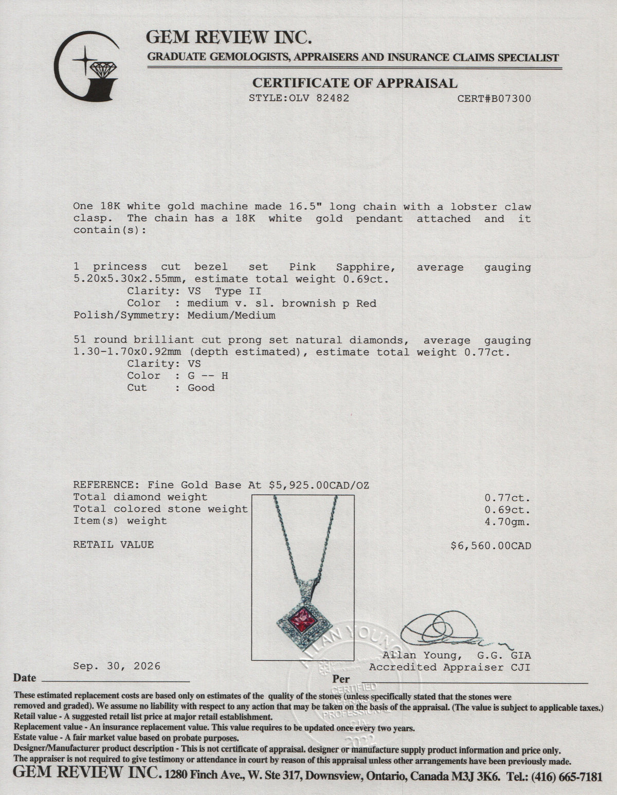 18k White Gold Pink Sapphire & Diamond Pendant Necklace