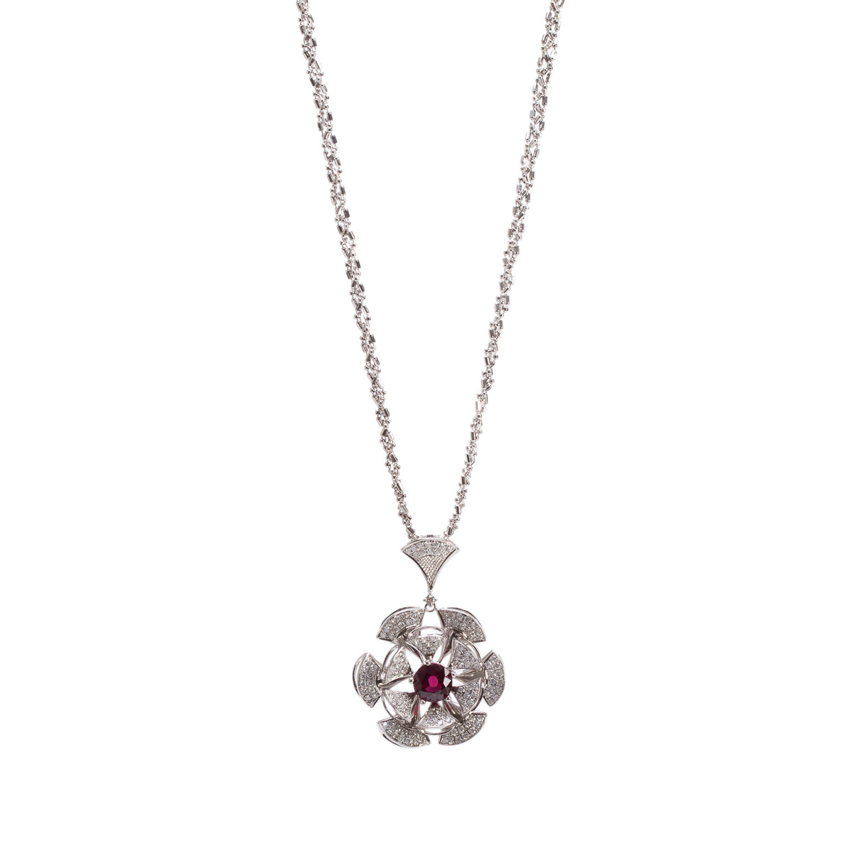 18k White Gold Ruby & Diamond Floral Pendant Necklace