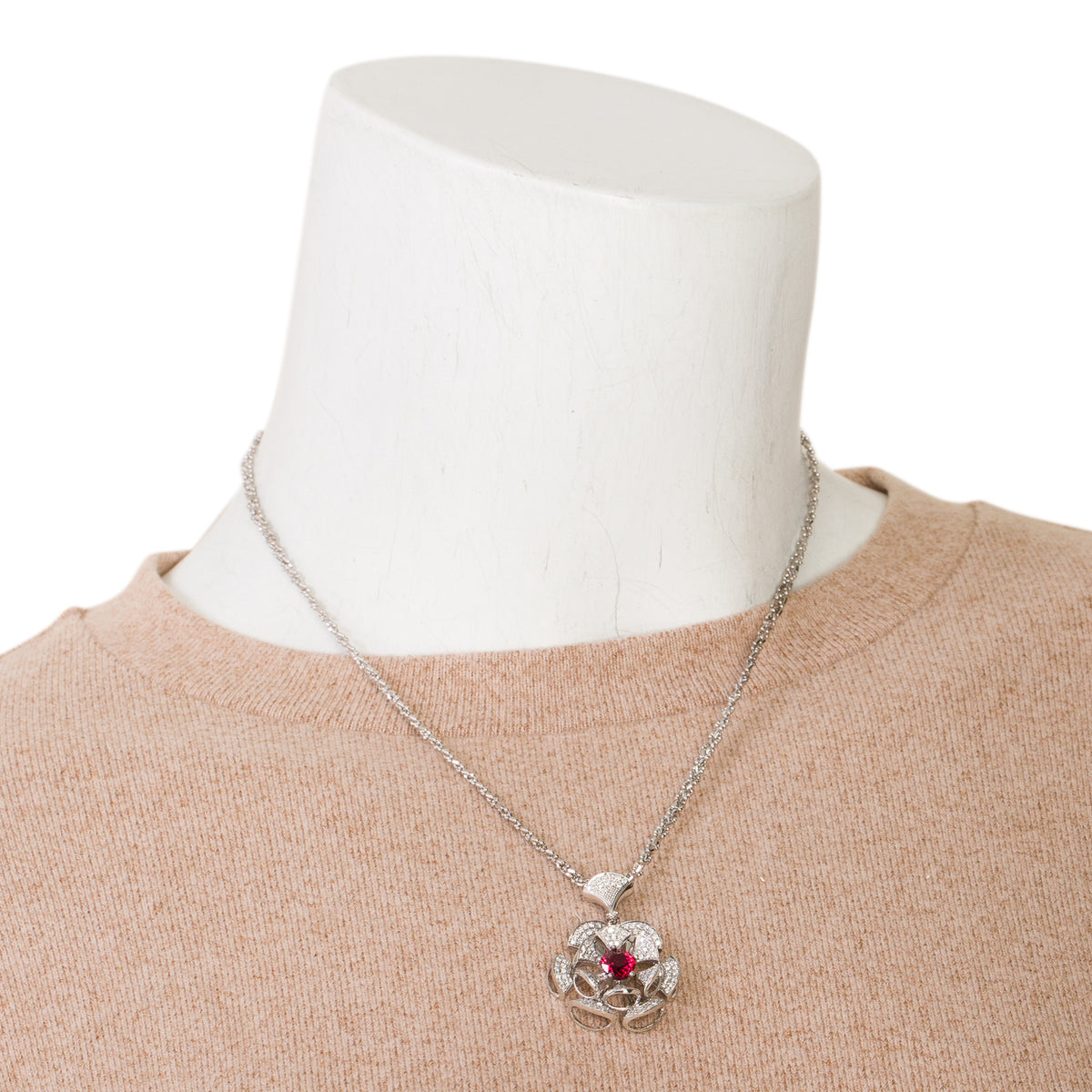 18k White Gold Ruby & Diamond Floral Pendant Necklace