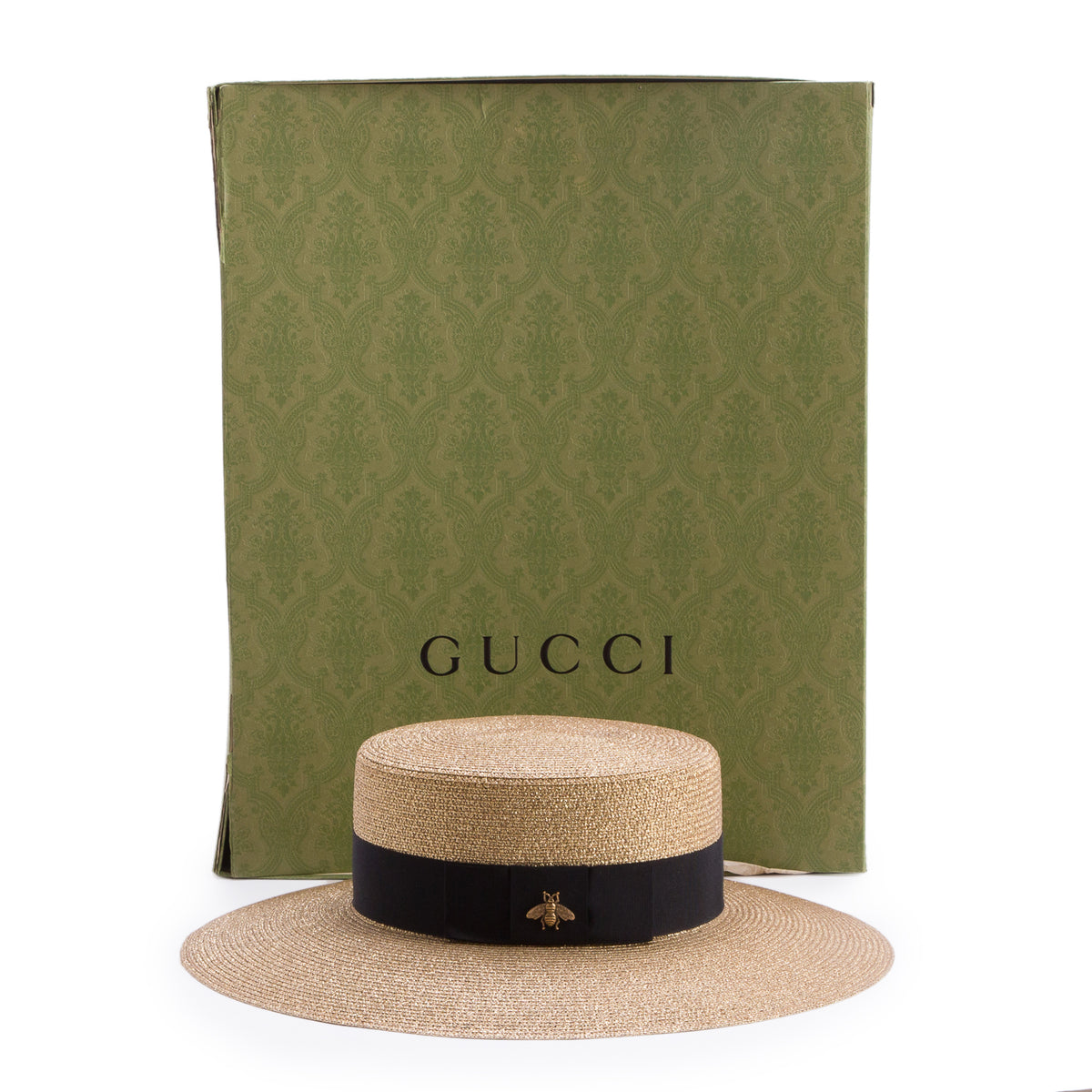Gucci Gold & Black Straw Bee Embellished Grosgrain Lame Hat, Size M 57 w/ Box