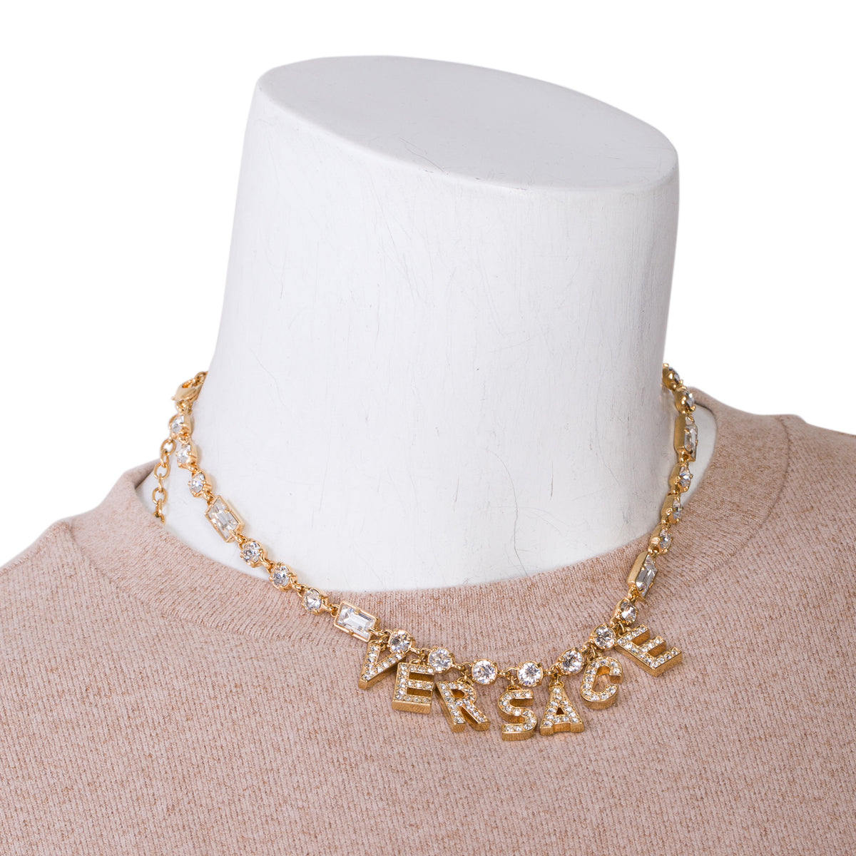 Versace Gold Plated Crystal Logo Charm Necklace