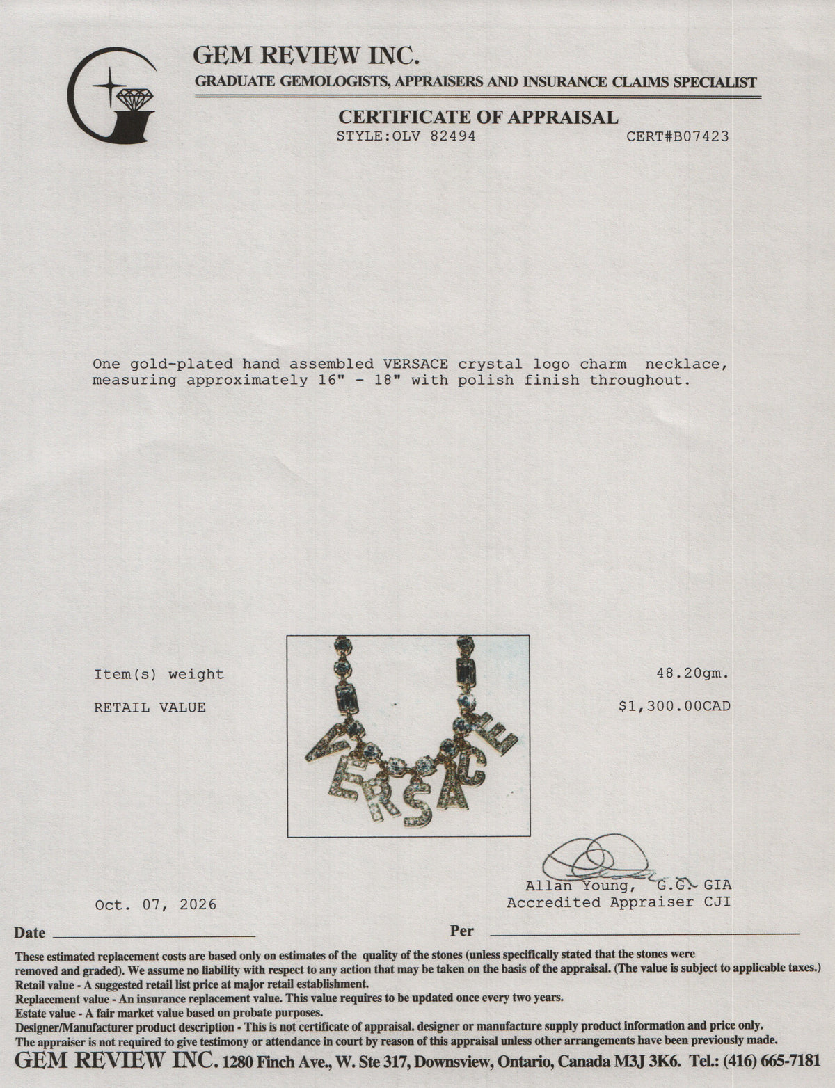Versace Gold Plated Crystal Logo Charm Necklace