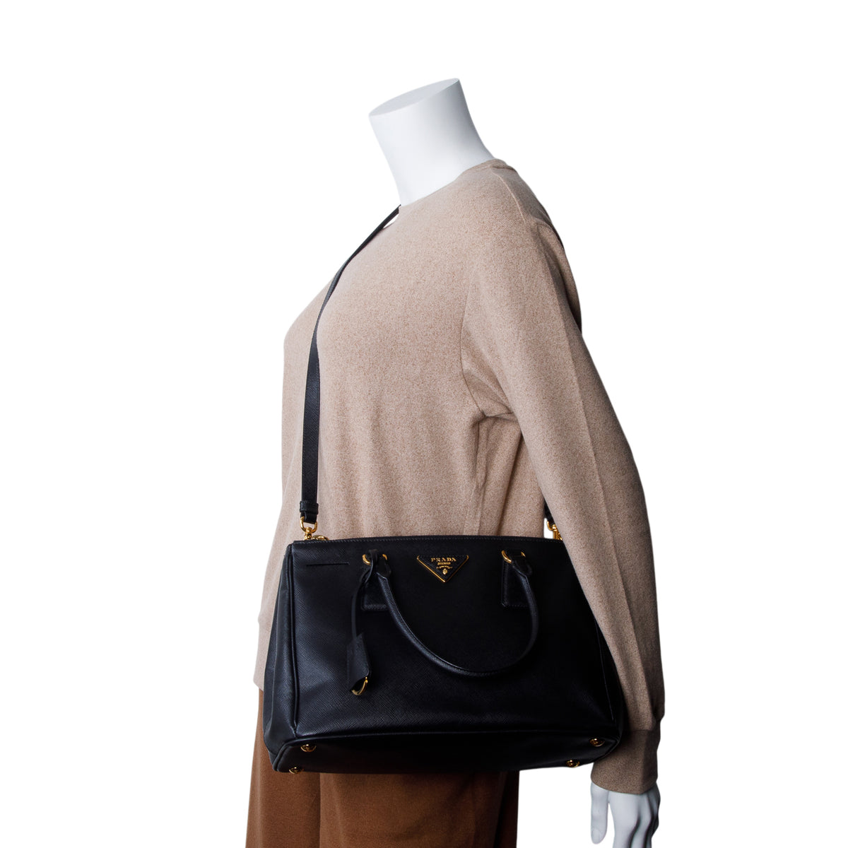 Prada Black Saffiano Lux Leather Small Double Zip Galleria Tote w/ Authenticity Card & Strap