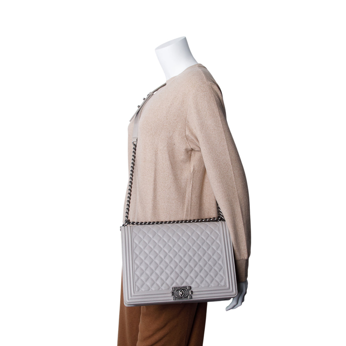 Chanel Grey Lambskin Quilted Leather Boy XL Bag w/ Authenticity Card