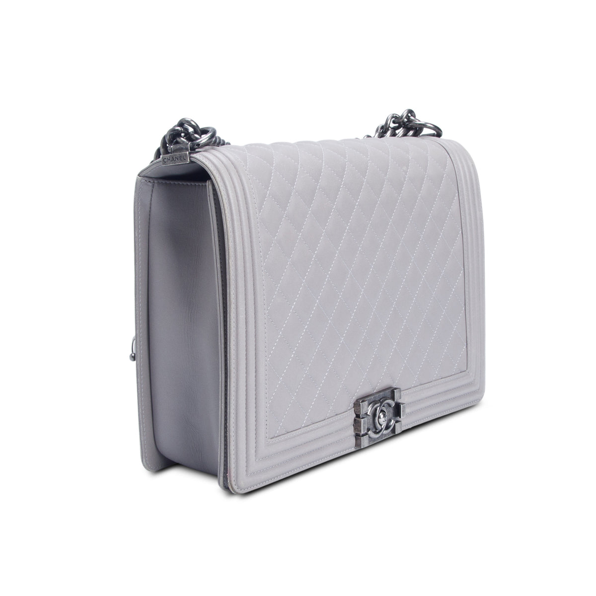 Chanel Grey Lambskin Quilted Leather Boy XL Bag w/ Authenticity Card