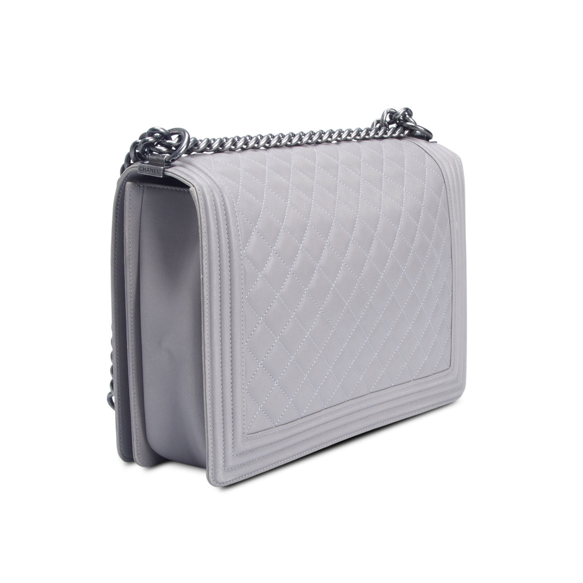 Chanel Grey Lambskin Quilted Leather Boy XL Bag w/ Authenticity Card
