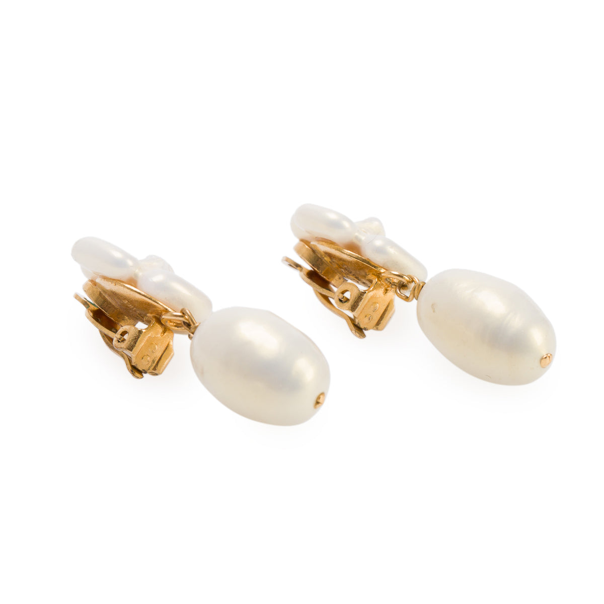 Chanel Vintage Gold Plated Faux Pearl Camelia Drop Clip-On Earrings