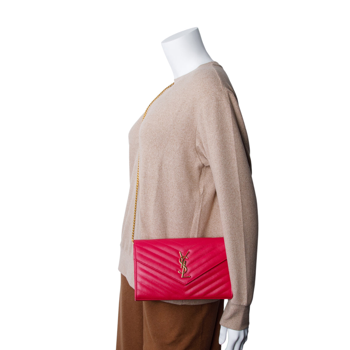Saint Laurent Pink Grain De Poudre Chevron Cassandre Envelope Chain Wallet