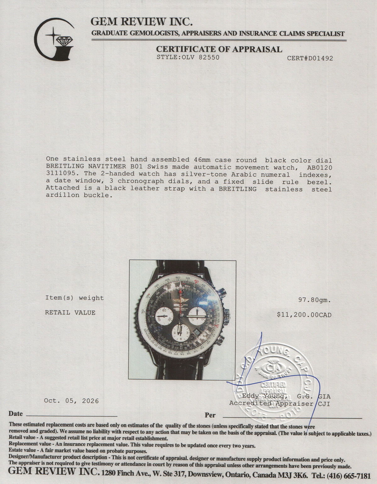 Breitling Stainless Steel Navitimer B01 43 MM Automatic Chronograph Watch Black Dial AB0120