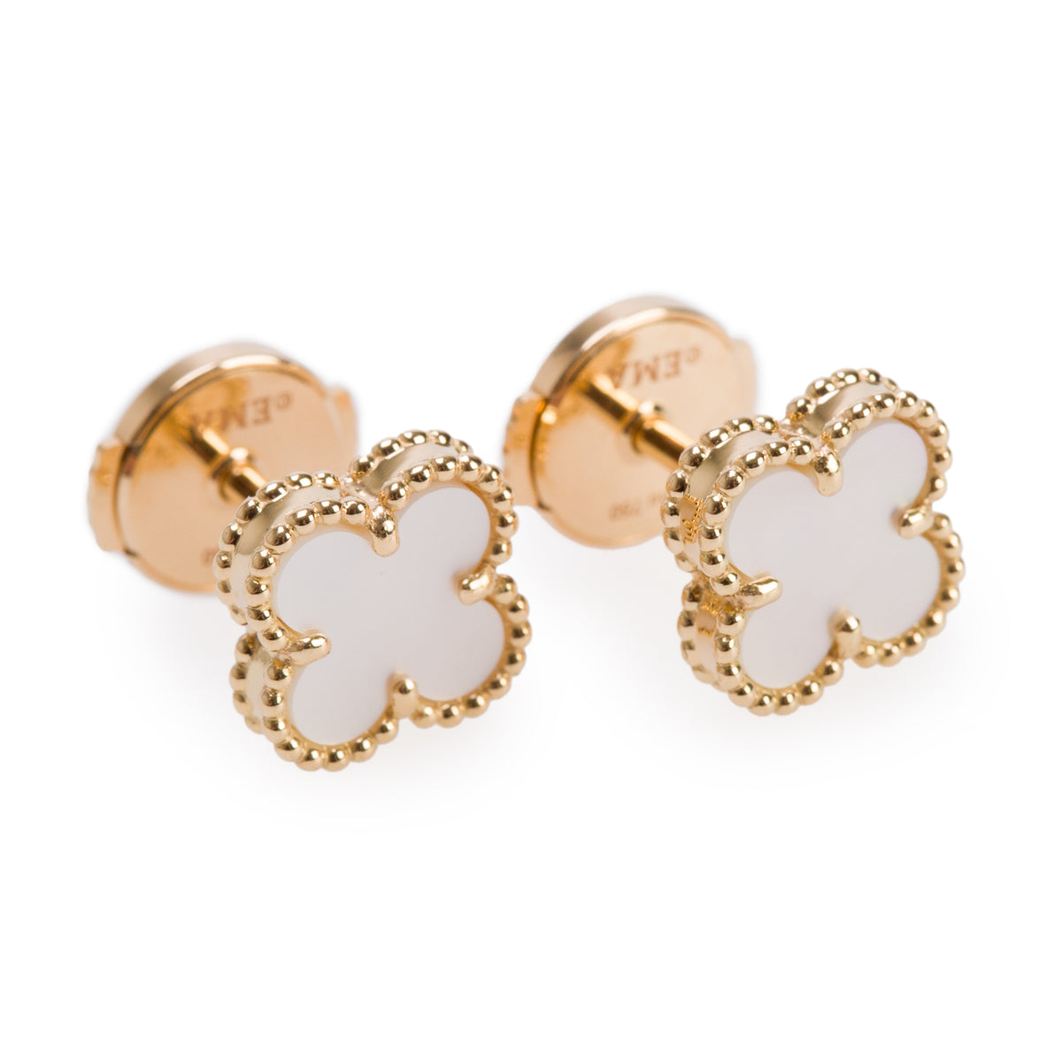 Van Cleef & Arpels 2025 18k Yellow Gold Sweet Alhambra Mother of Pearl Stud Earrings w/ Box & Certificate