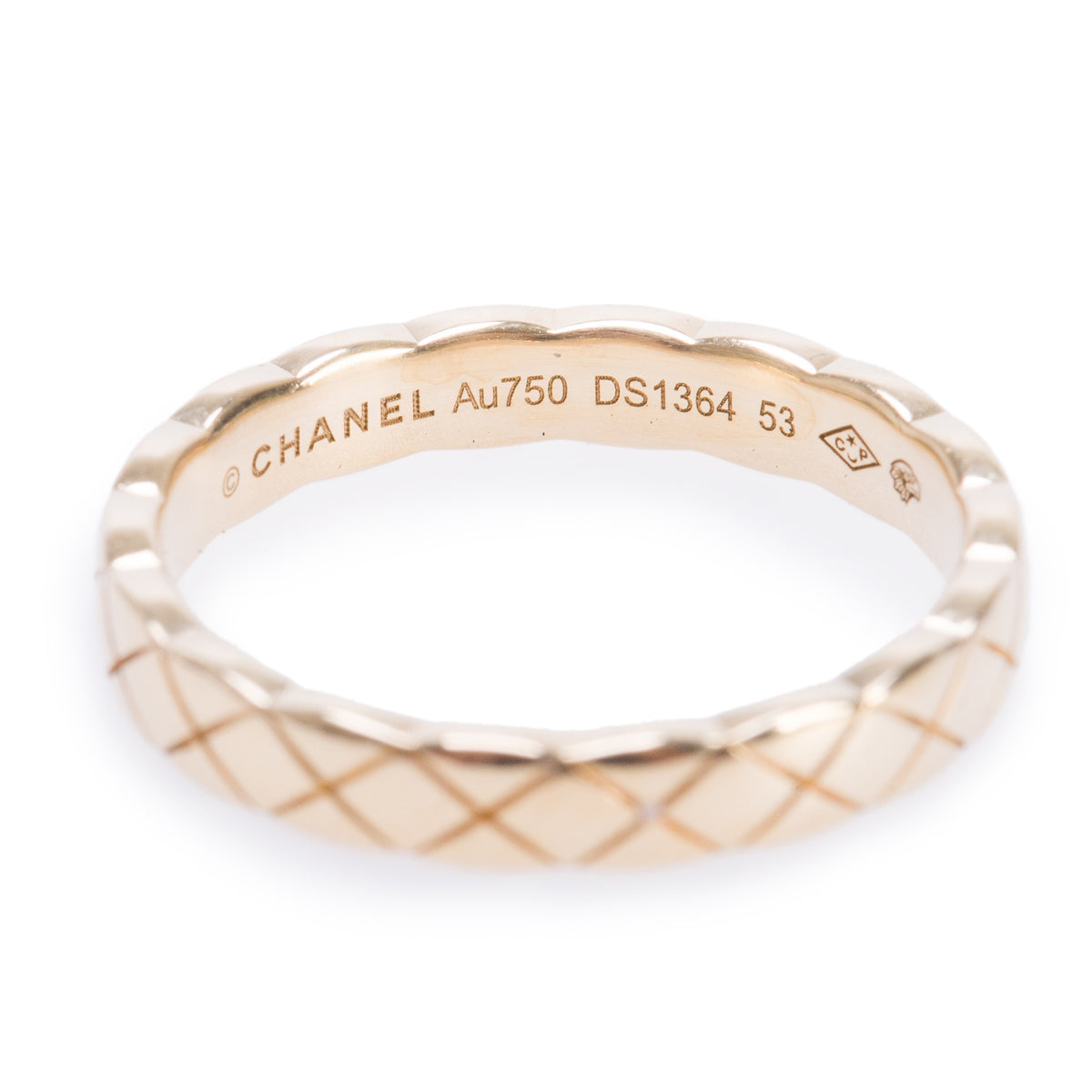 Chanel 2023 18k Yellow Gold Quilted Coco Crush Band Ring, Size 53 6.25, Mini Version w/ Box & Certificate