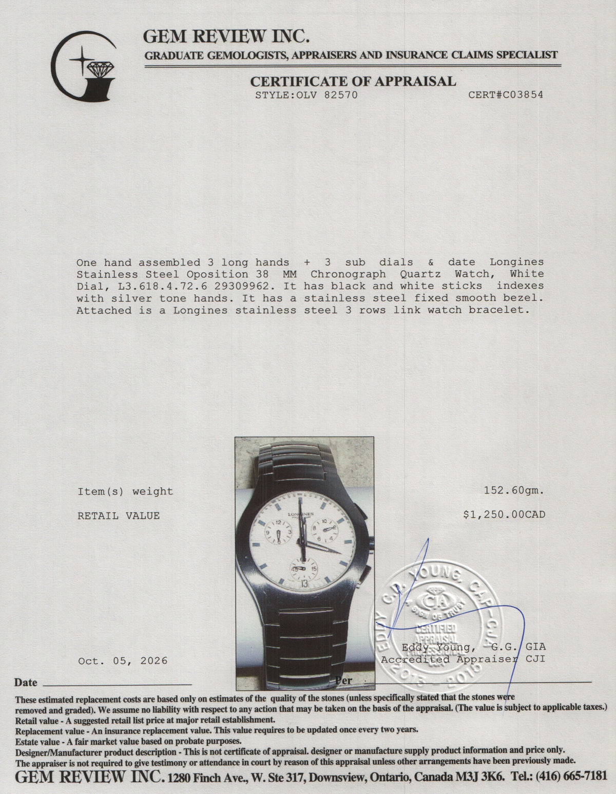 Longines Stainless Steel Oposition 38 MM Chronograph Quartz Watch White Dial w/ Box & Papers