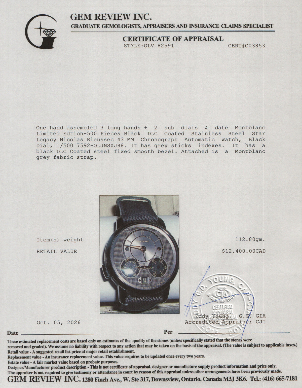 Montblanc Limited Edtion-500 Pieces Black DLC Coated Stainless Steel Star Legacy Nicolas Rieussec 43 MM Chronograph Automatic Watch Black Dial  7592 w/ Case