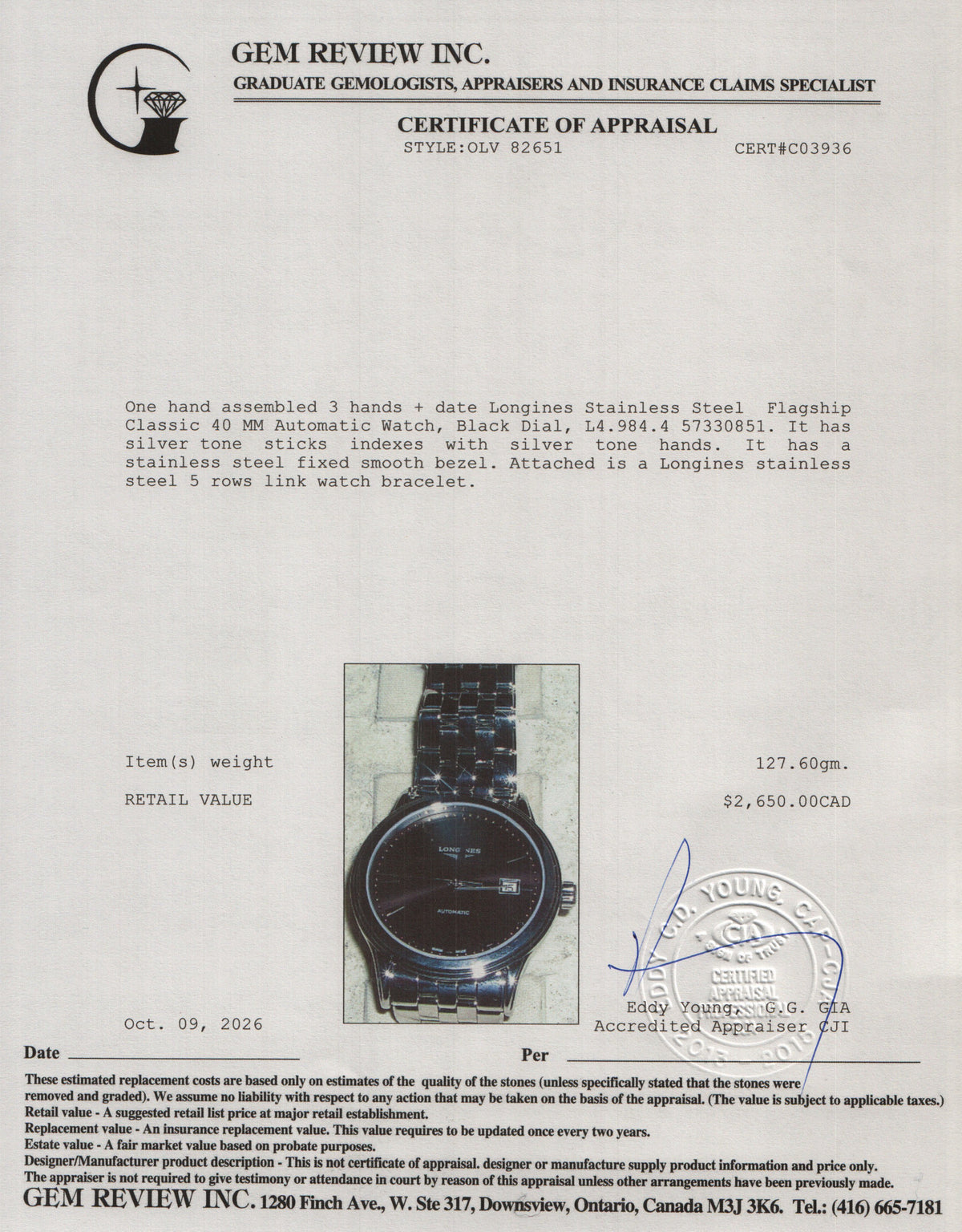Longines 2026 Stainless Steel Flagship Classic 40 MM Automatic Watch Black Dial w/ Box & Papers