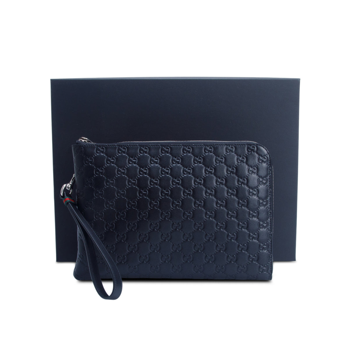 Gucci Black Signature Smooth Leather Medium Emblem Pouch w/ Box