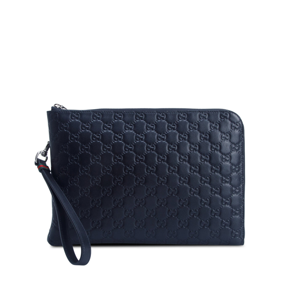 Gucci Black Signature Smooth Leather Medium Emblem Pouch w/ Box