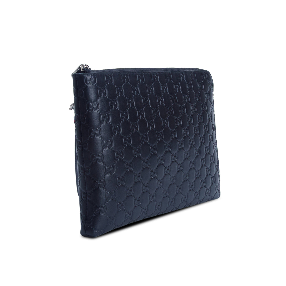 Gucci Black Signature Smooth Leather Medium Emblem Pouch w/ Box