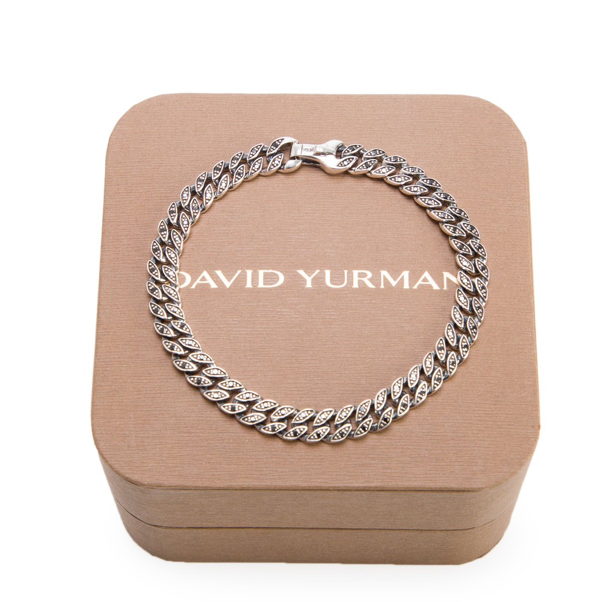 David Yurman Sterling Silver Black Diamond 6 MM Curb Chain Link Bracelet w/ Box