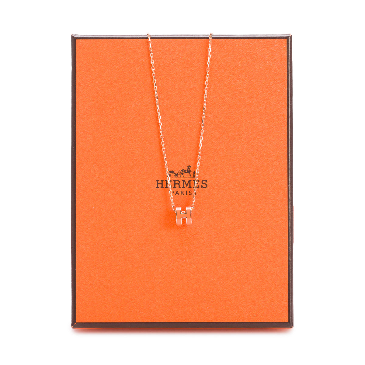 Hermes Rose Gold-Plated Orange Lacquered Mini Pop H Pendant Necklace w/ Box