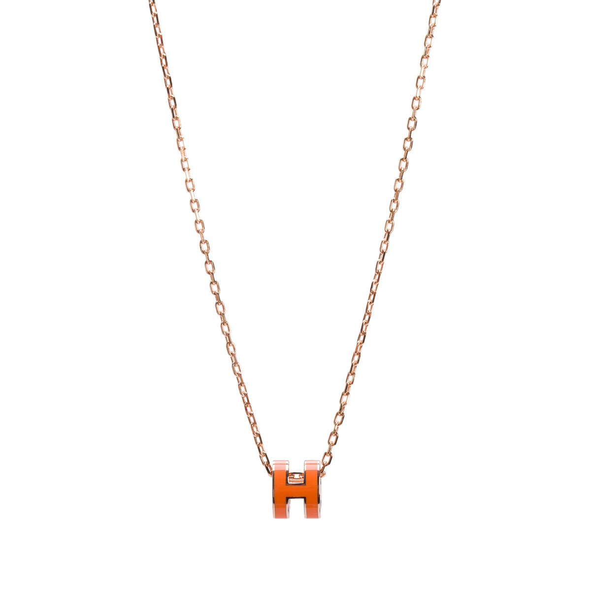 Hermes Rose Gold-Plated Orange Lacquered Mini Pop H Pendant Necklace w/ Box