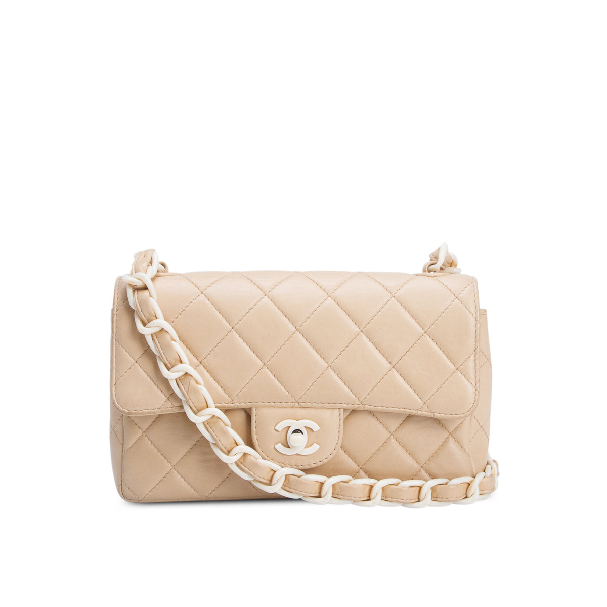 Chanel Vintage Beige Quilted Lambskin Acrylic Small Single Flap w/ Authenticity Card