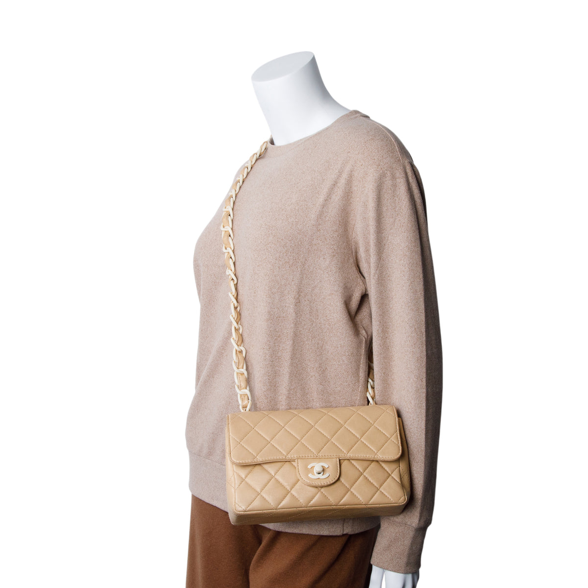 Chanel Vintage Beige Quilted Lambskin Acrylic Small Single Flap w/ Authenticity Card
