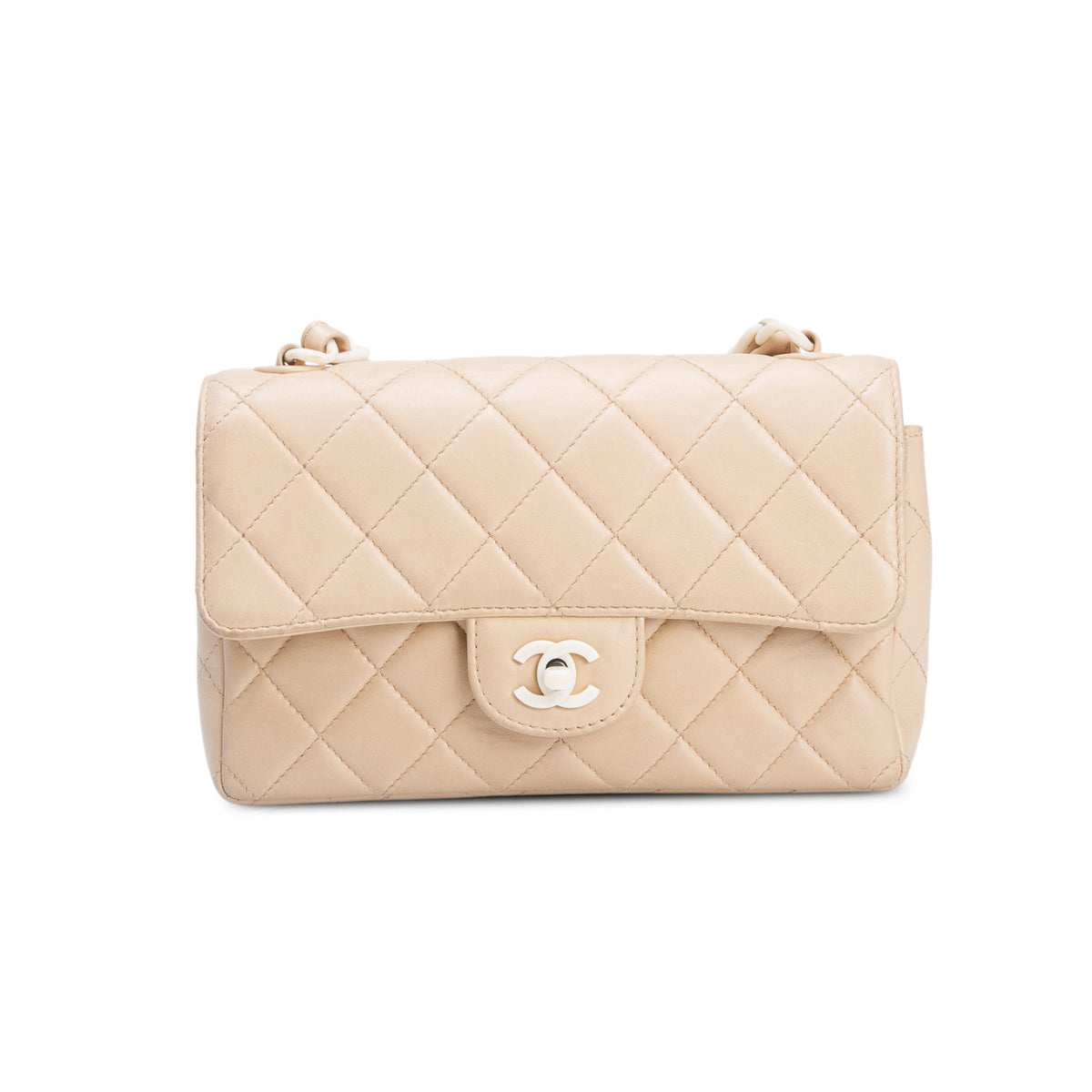 Chanel Vintage Beige Quilted Lambskin Acrylic Small Single Flap w/ Authenticity Card