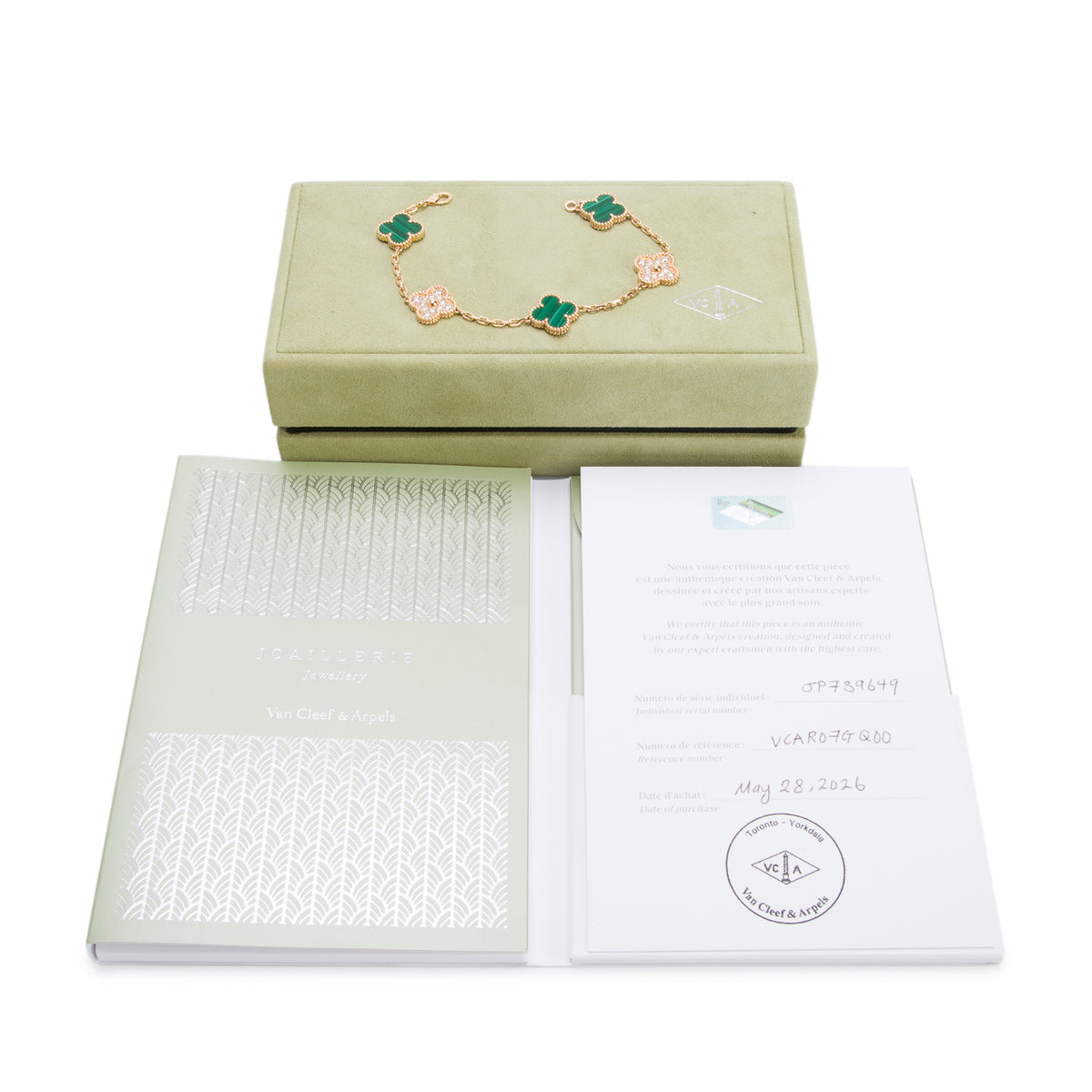 Van Cleef & Arpels 2026 18k Yellow Gold Vintage 5 Motif Malachite & Diamond Bracelet w/ Box & Certificate
