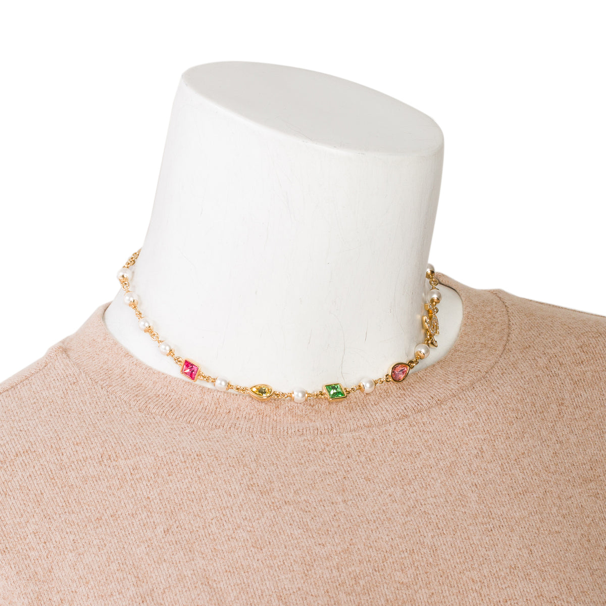 Chanel 2026 Gold-Plated Metal Strass CC Faux Pearl Multicolor Crystal Necklace w/ Box