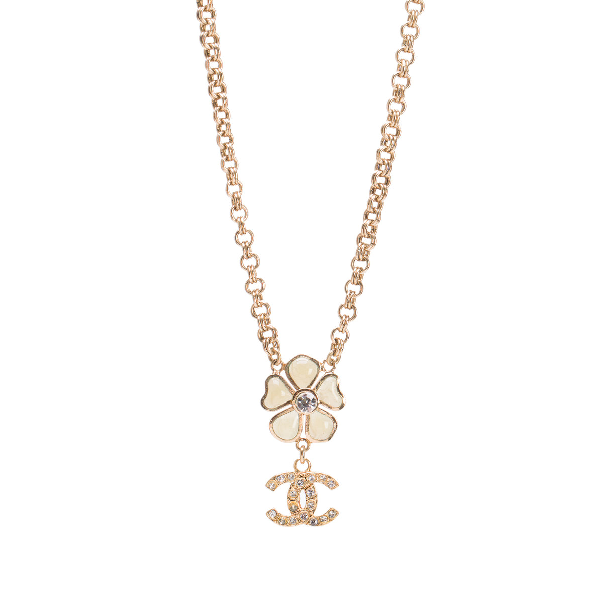 Chanel Gold-Plated Gripoix Flower Strass CC Pendant Necklace