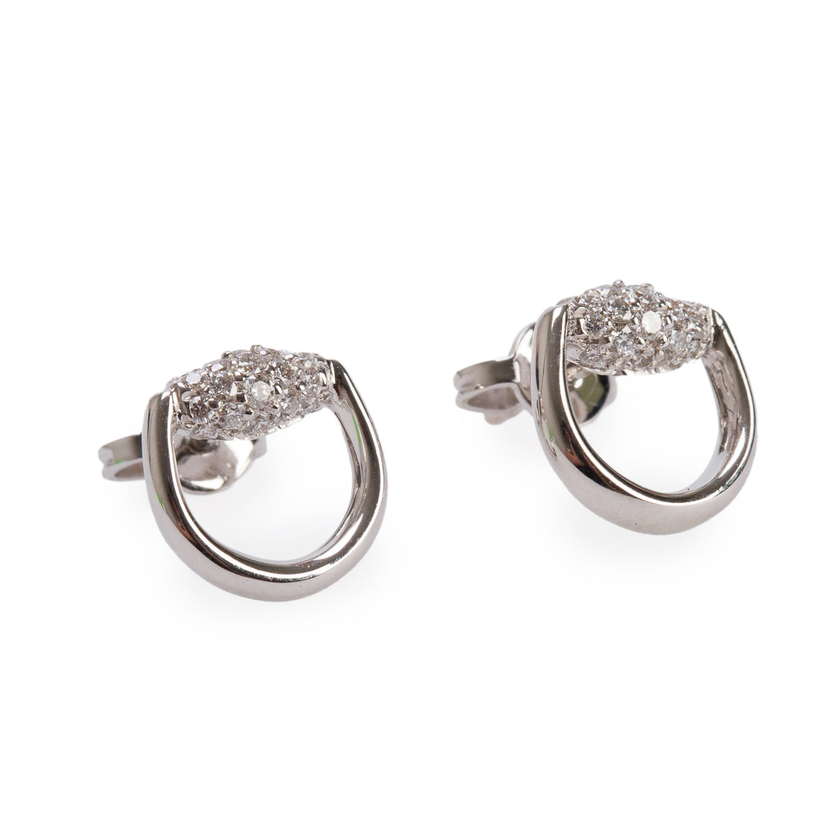 Gucci 18k White Gold Diamond Horsebit Stud Earrings w/ Box