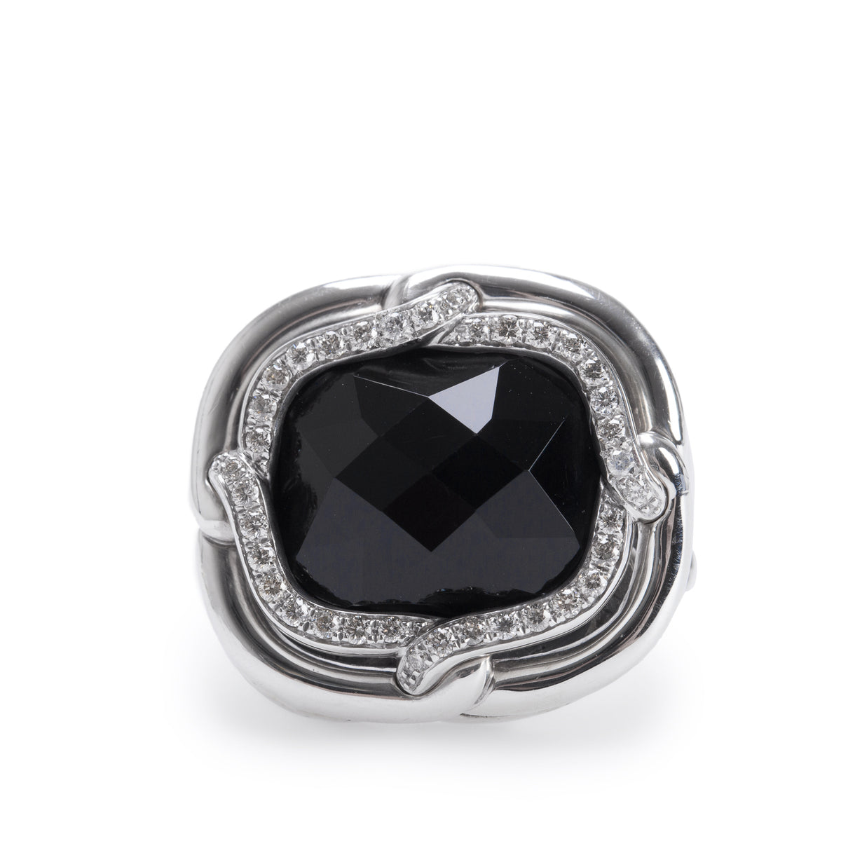 David Yurman Sterling Silver Onyx & Diamonds Labyrinth Cocktail Ring, Size 8.25