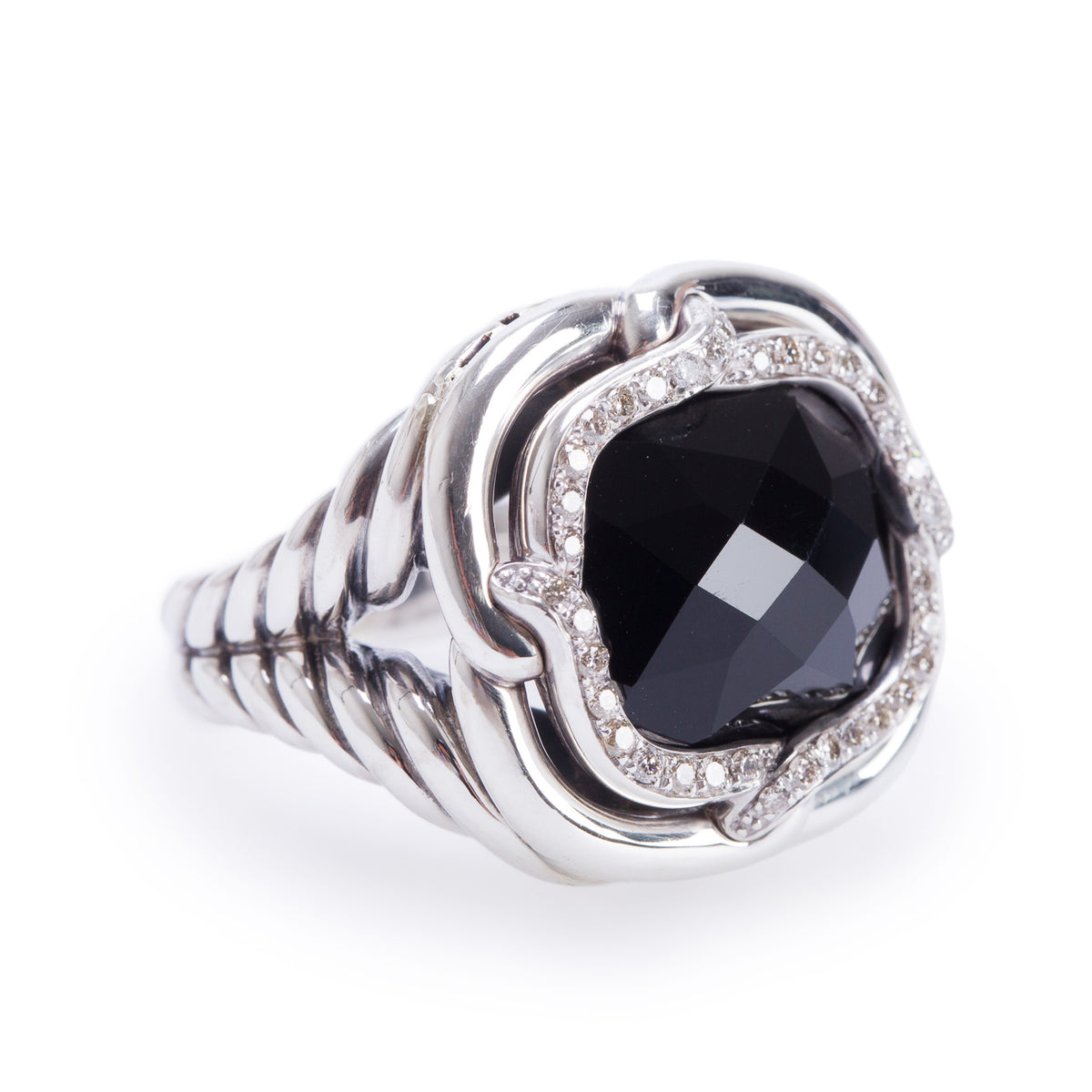 David Yurman Sterling Silver Onyx & Diamonds Labyrinth Cocktail Ring, Size 8.25