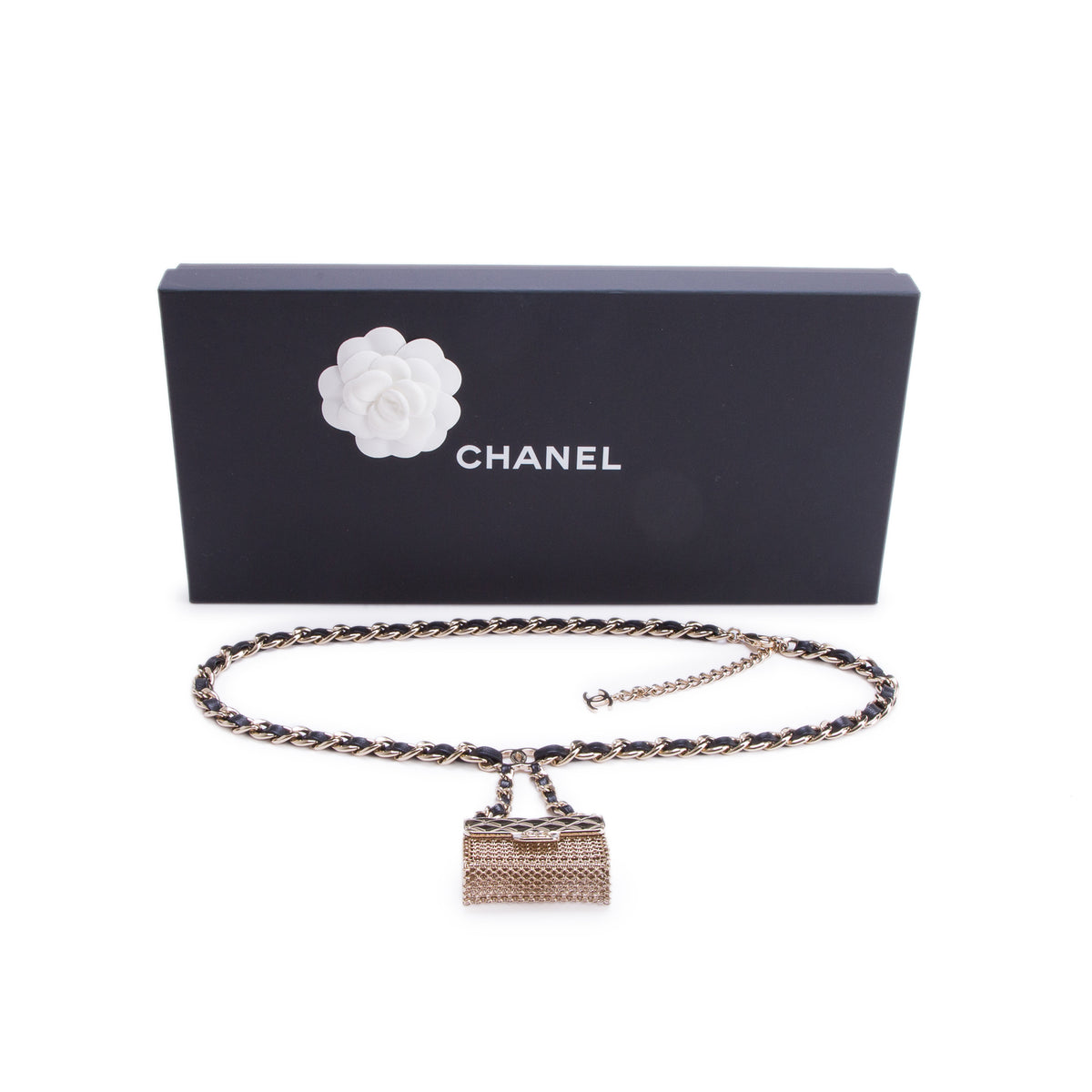 Chanel 2022 Gold-Plated Micro Bag Charm CC Chain & Leather Belt w/ Box