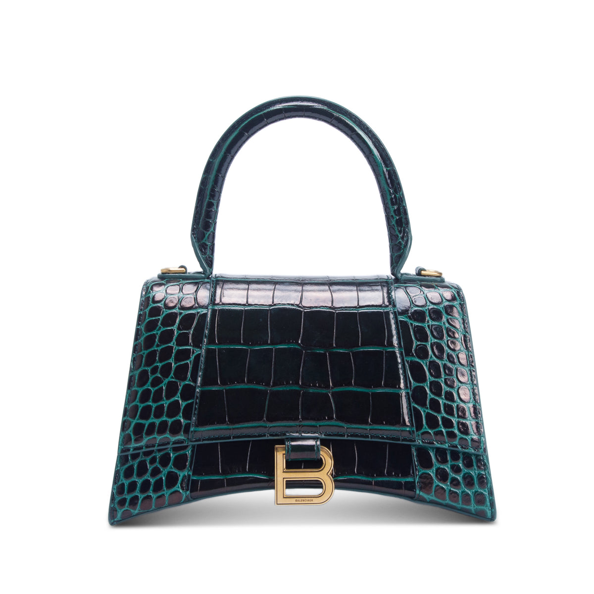 Balenciaga Green Croc Embossed Leather Small Hourglass Top Handle Bag w/ Strap