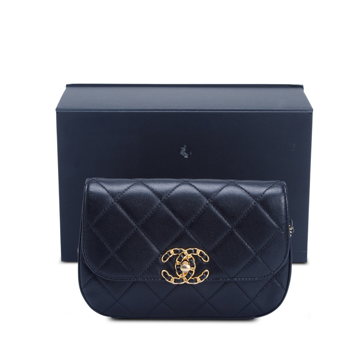 Chanel Black Lambskin Quilted Chain Infinity Waist Belt Bag w/ Box & Authenticity Card