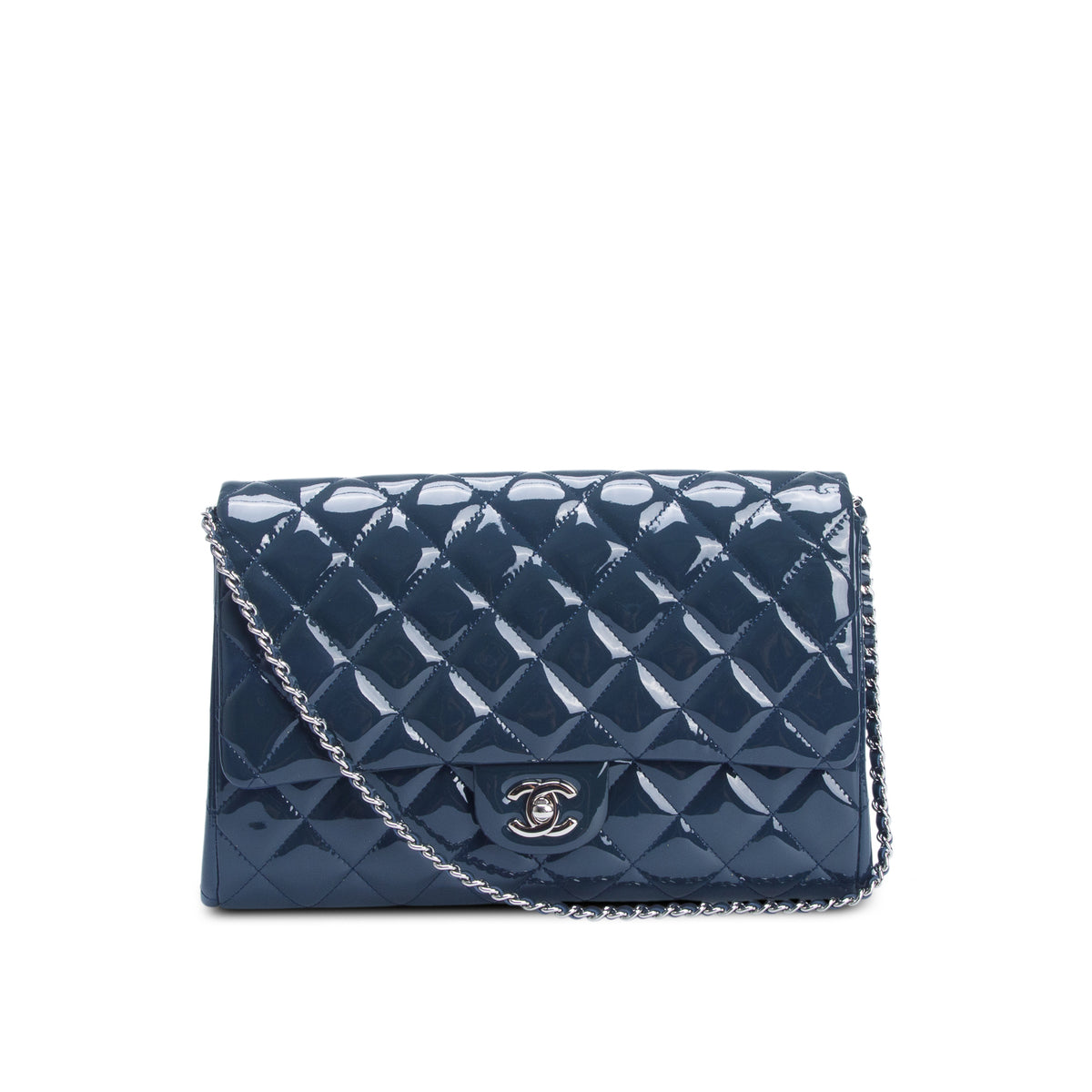 Chanel Blue Quilted Patent Leather New Clutch w/ Chain, Box, Authenticity Card & Receipt