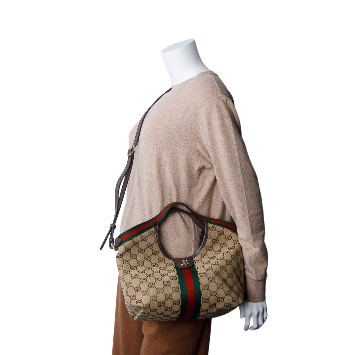 Gucci Monogram Web Small Giglio Tote Beige w/ Box, Pouch & Strap