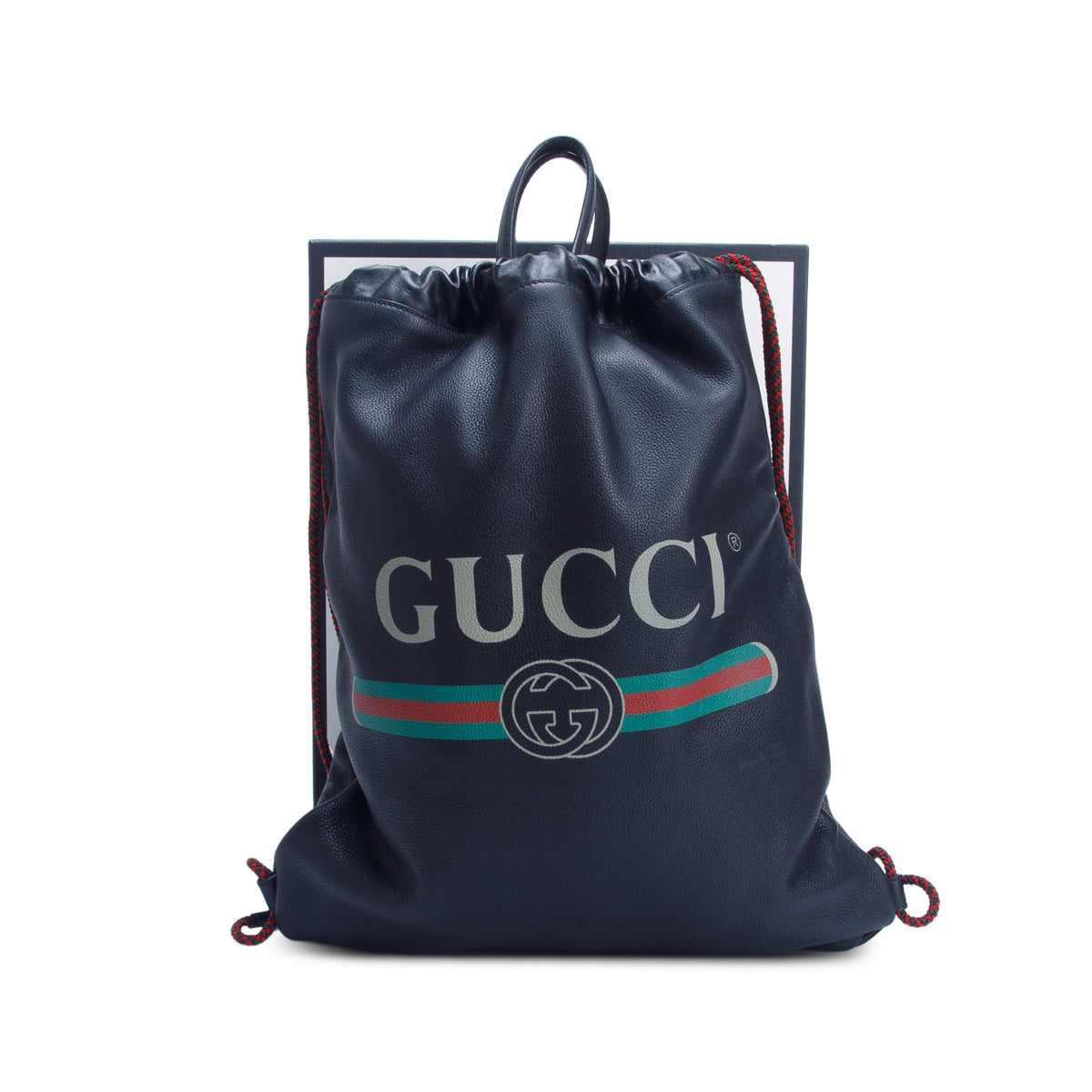 Gucci Black Logo Print Web Calfskin Leather Medium Drawstring Backpack w/ Box & Pouch