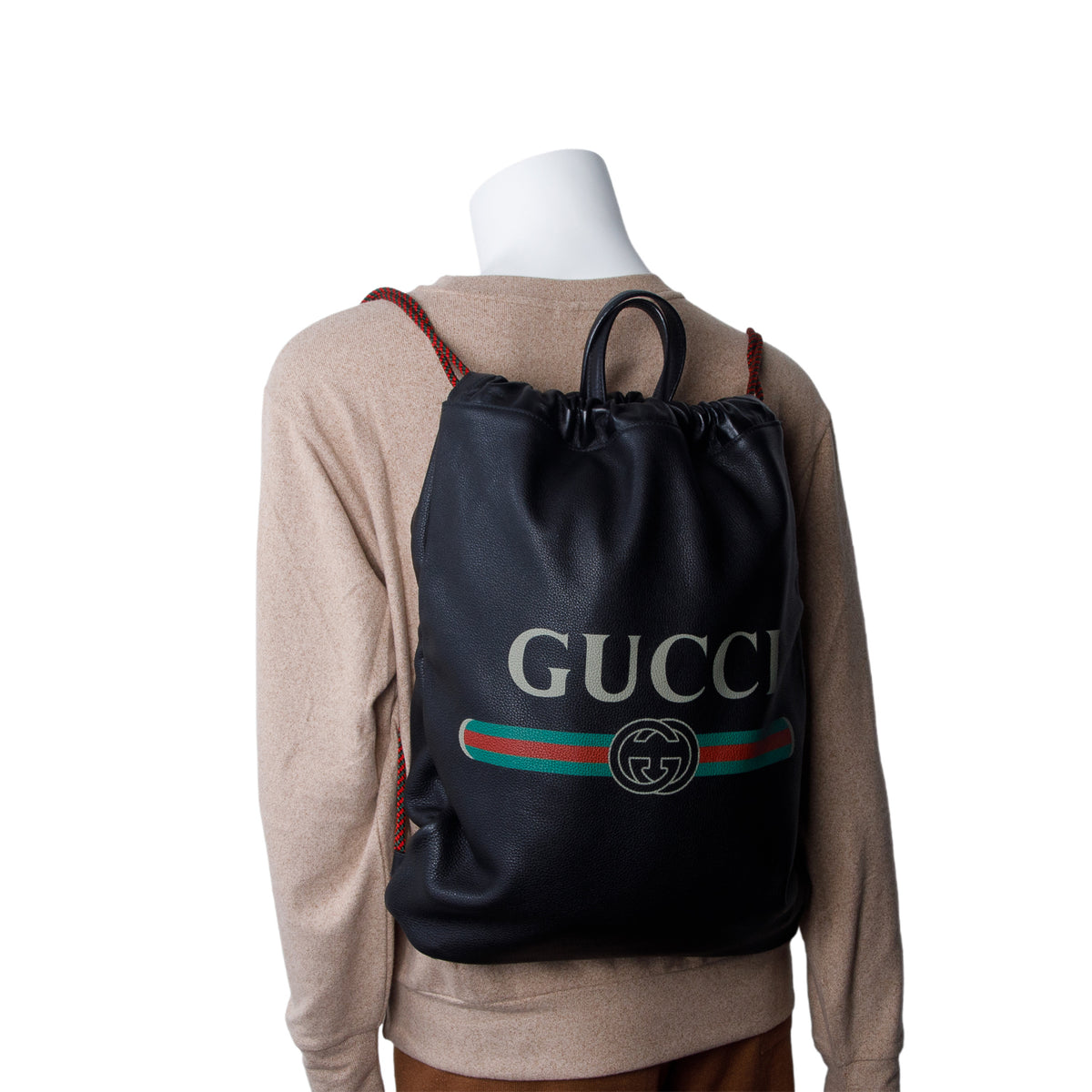 Gucci Black Logo Print Web Calfskin Leather Medium Drawstring Backpack w/ Box & Pouch