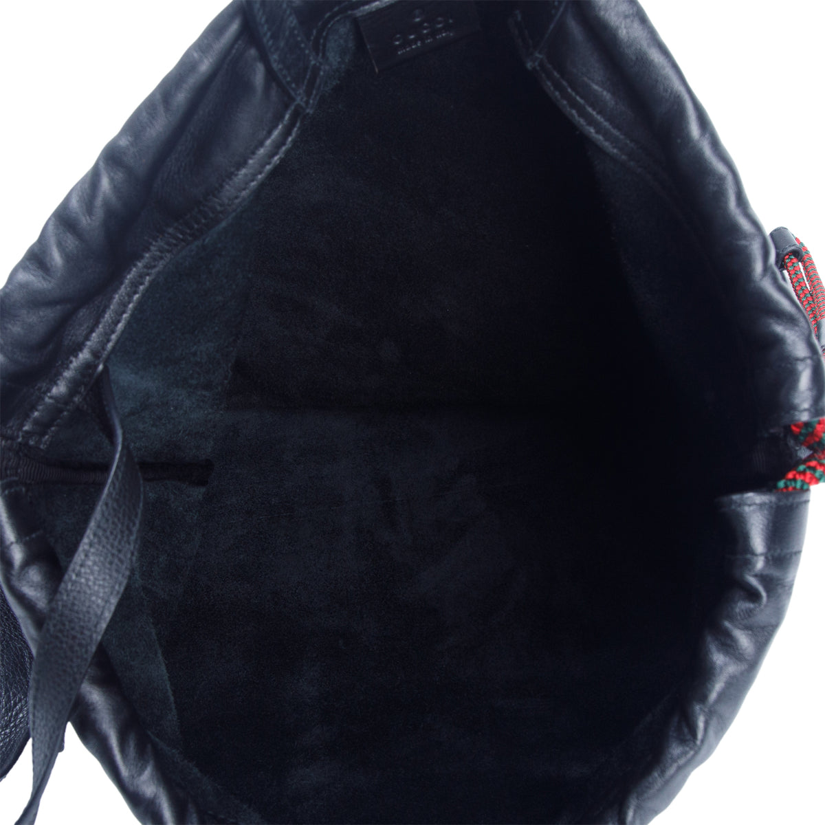Gucci Black Logo Print Web Calfskin Leather Medium Drawstring Backpack w/ Box & Pouch