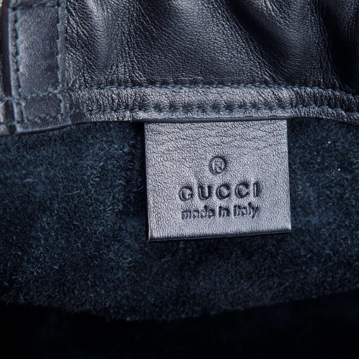 Gucci Black Logo Print Web Calfskin Leather Medium Drawstring Backpack w/ Box & Pouch